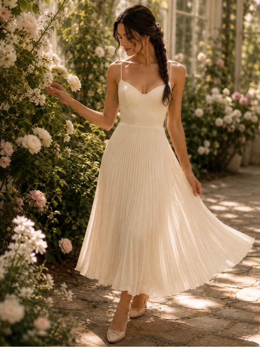 Azazie Atelier Emma Stretch Satin Pleated Midi Dress Corset Cream 10 - Picture 4 of 17